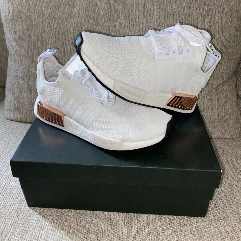 Women’s adidas nmd r1 white, pink, and rose gold 5